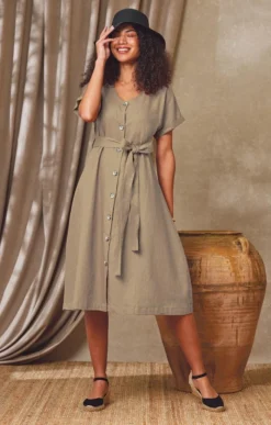 Ladies Linen Mix Button Front Dress