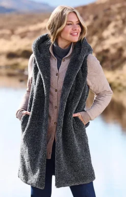 Ladies Long Hooded Boucle Waistcoat